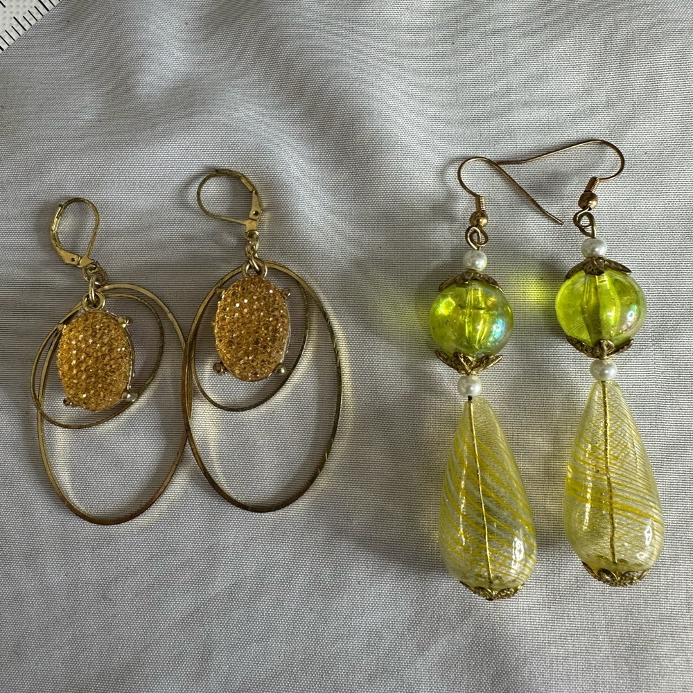 Two pair of yellow chartreuse tone dangle earrings